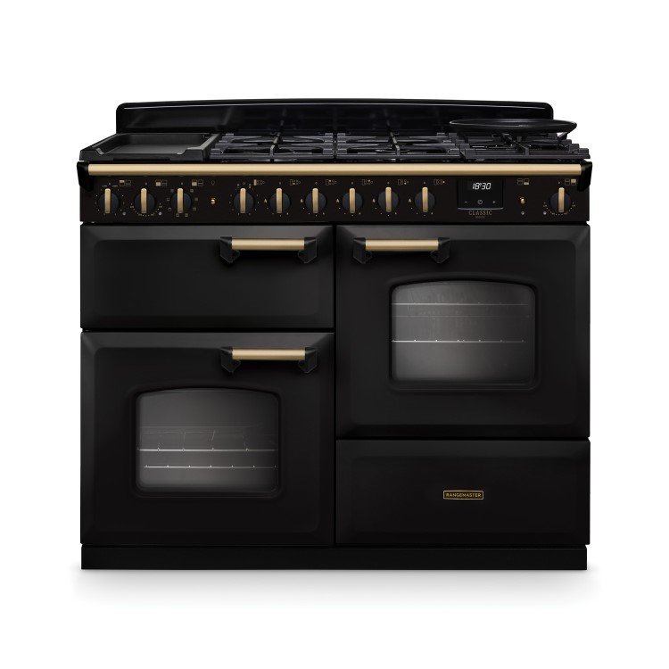 Rangemaster Classic Deluxe 110cm Dual Fuel Range Cooker - Charcoal Black & Brass