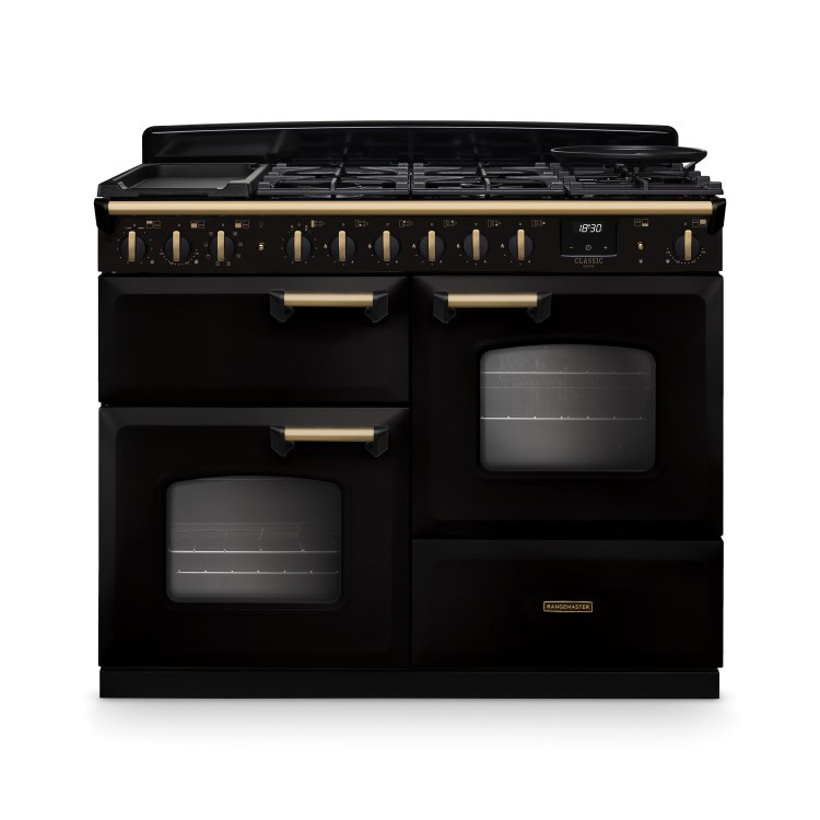 Rangemaster Classic Deluxe 110cm Dual Fuel Range Cooker - Gloss Black & Brass