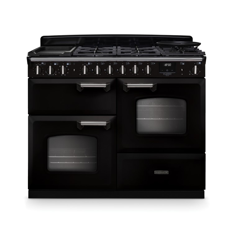 Rangemaster Classic Deluxe 110cm Dual Fuel Range Cooker - Gloss Black & Chrome