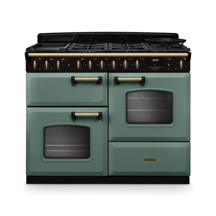 Rangemaster Classic Deluxe 110cm Dual Fuel Range Cooker - Mineral Green & Brass