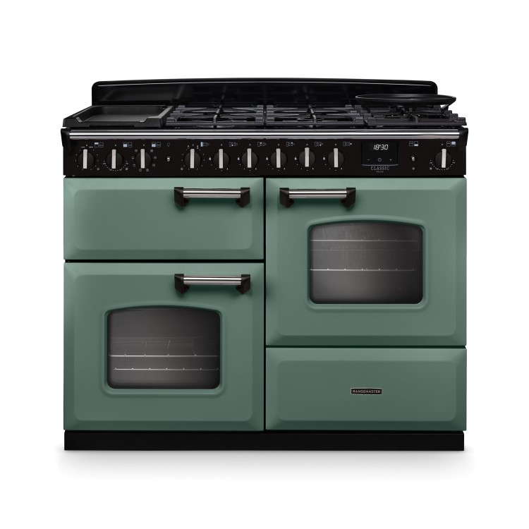 Rangemaster Classic Deluxe 110cm Dual Fuel Range Cooker - Mineral Green & Chrome