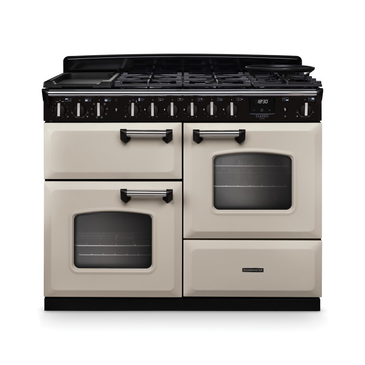 Rangemaster Classic Deluxe 110cm Dual Fuel Range Cooker - Pale Cream & Chrome