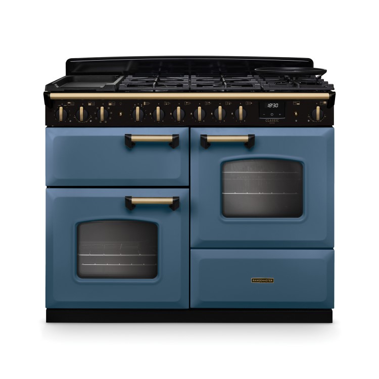 Rangemaster Classic Deluxe 110cm Dual Fuel Range Cooker - Stone Blue & Brass
