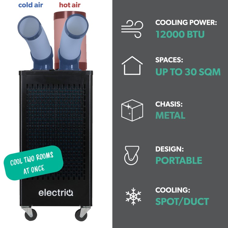 Refurbished electriQ 12000 BTU Portable Commercial Air Conditioner for up to 30 sqm areas - Heavy Duty Metal Body