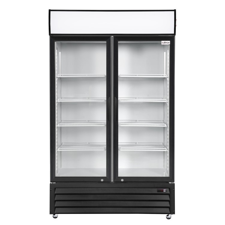 Culinox Double Door Upright Display Fridge with Canopy - 643 Ltr 1120mm Wide - Black Exterior & White Interior