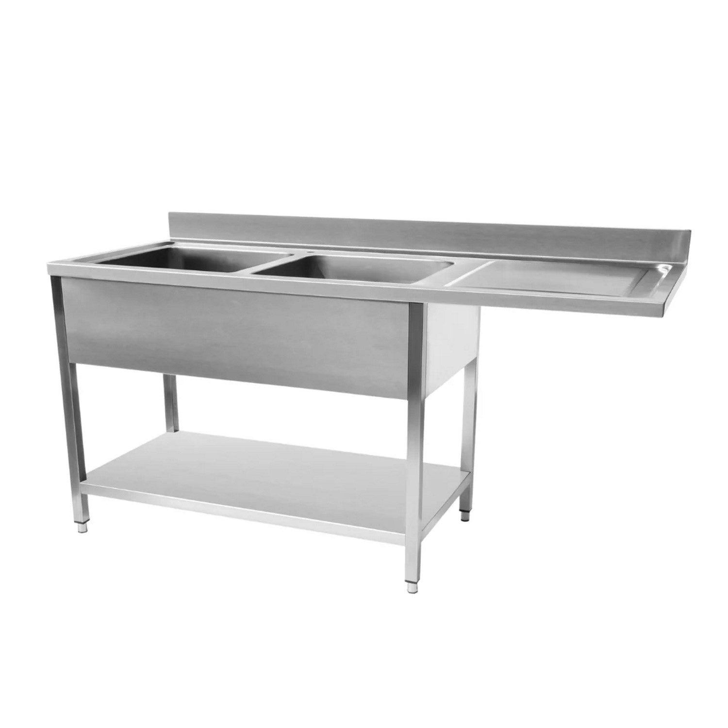 Stainless Steel Double Bowl Dishwasher Sink Right Hand Drainer 1600mm Wide 700mm Deep