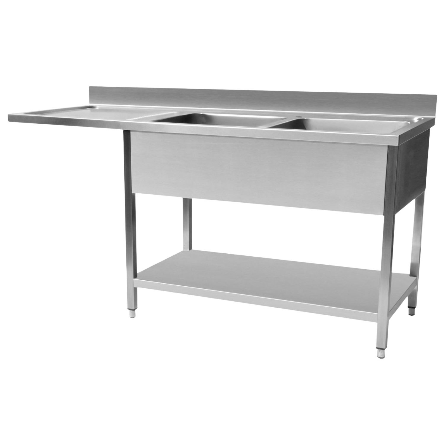 Stainless Steel Double Bowl Dishwasher Sink Left Hand Drainer 1600mm Wide 600mm Deep