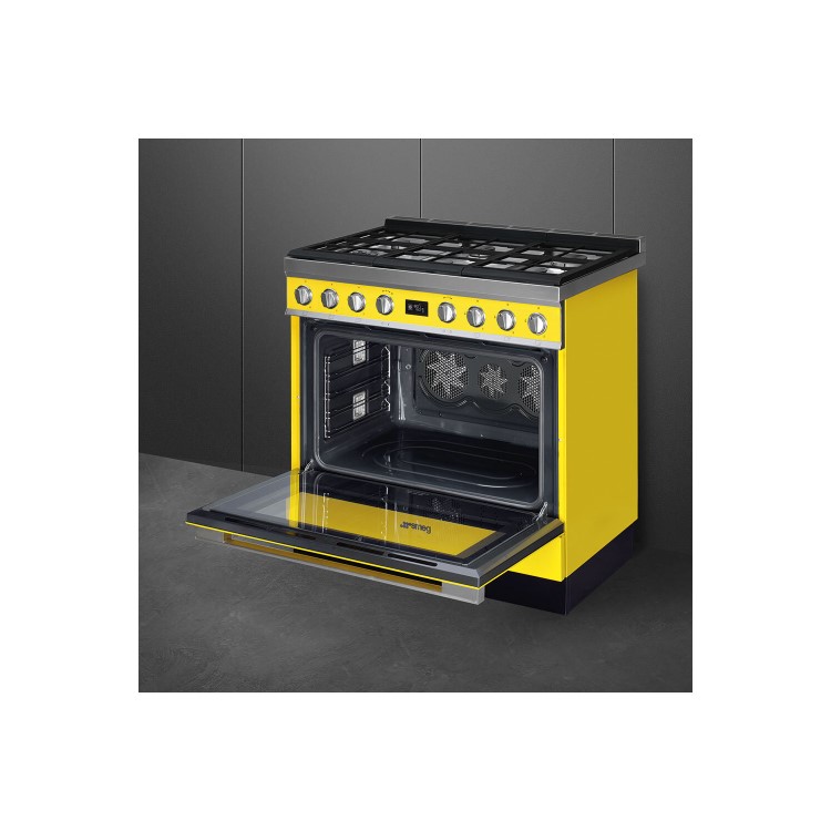 Smeg Portofino 90cm Pyrolytic Dual Fuel Range Cooker - Yellow