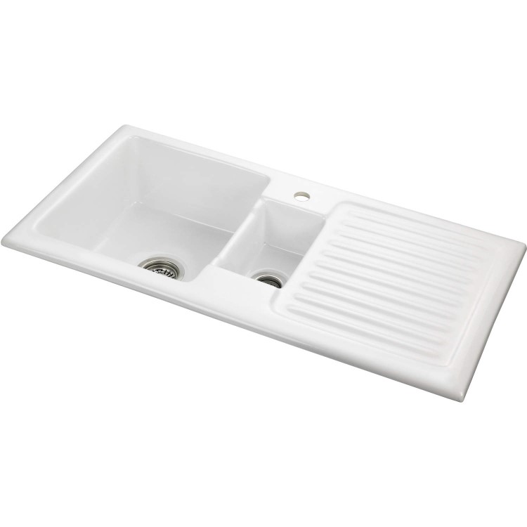 Rangemaster Rustique 1.5 Bowl Right Hand Drainer Ceramic Sink White