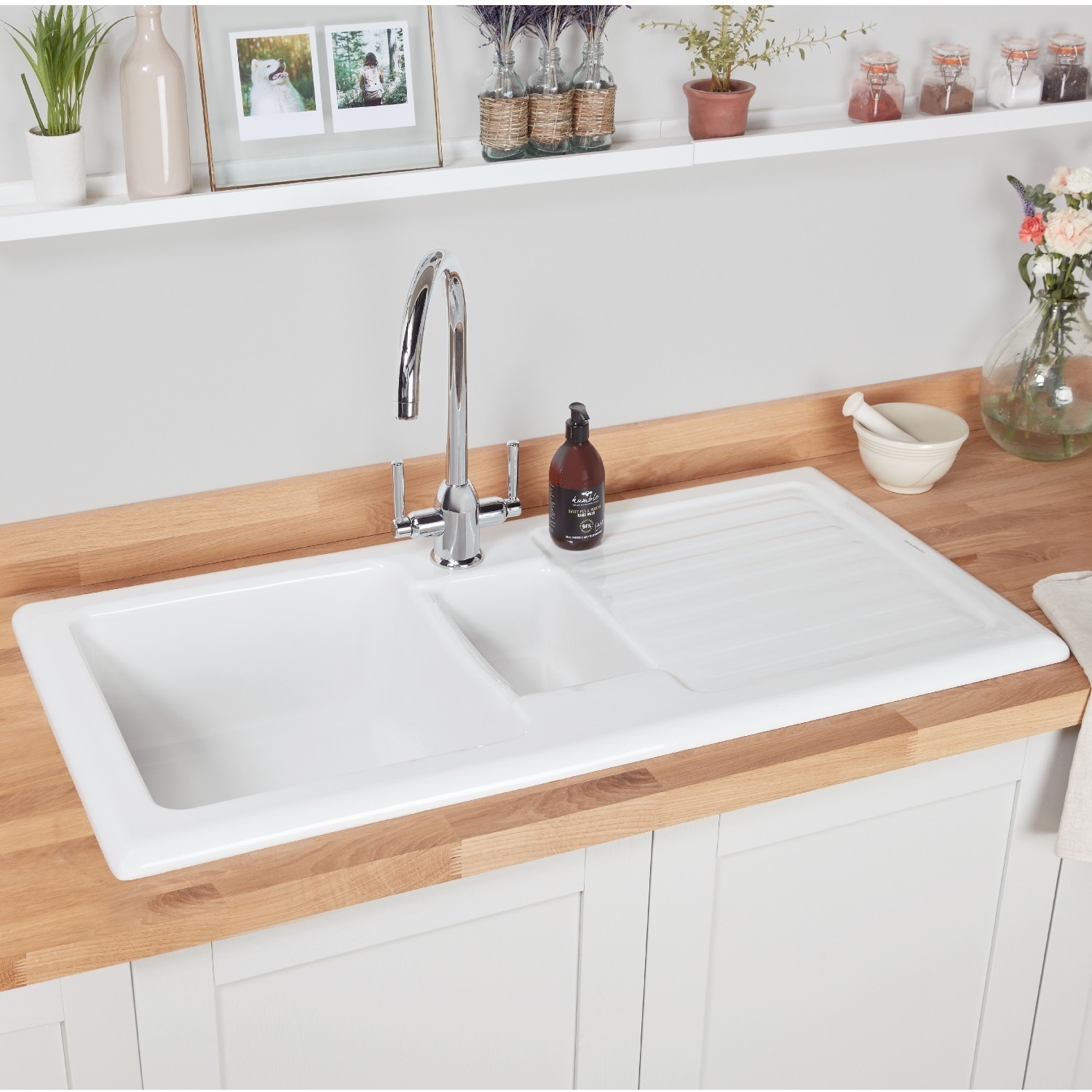 1.5 Bowl Inset White Ceramic Kitchen Sink with Reversible Drainer Rangemaster Rustic