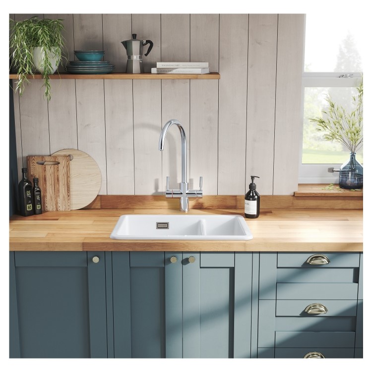 Rangemaster Rustique 1.5 Bowl Inset / Undermount White Ceramic Kitchen Sink