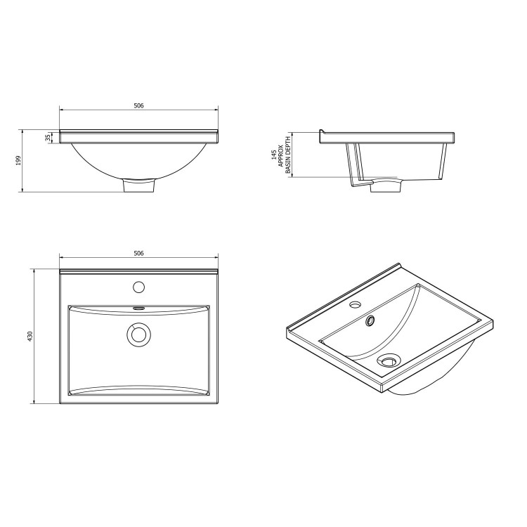 Moderno Polymarble Mid Edge Vanity Sink - 500mm Wide