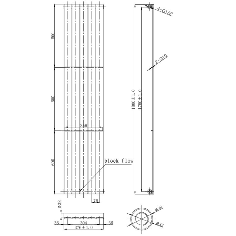 Vertical Panel Chrome Radiator - 1800 x 376mm