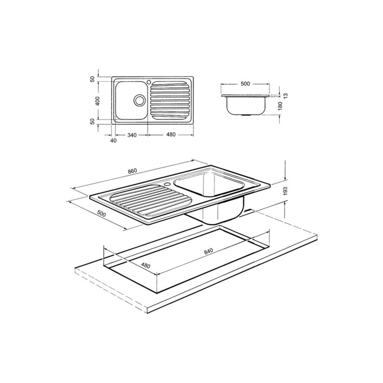 Smeg CUR100 Cucina Single Bowl Reversible Drainer Stainless Steel Sink