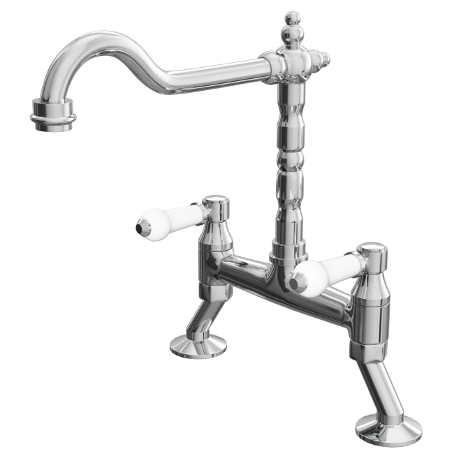 Reginox Chrome Twin Lever Deck Mounted Traditional Mixer Kitchen Tap - Canterbury