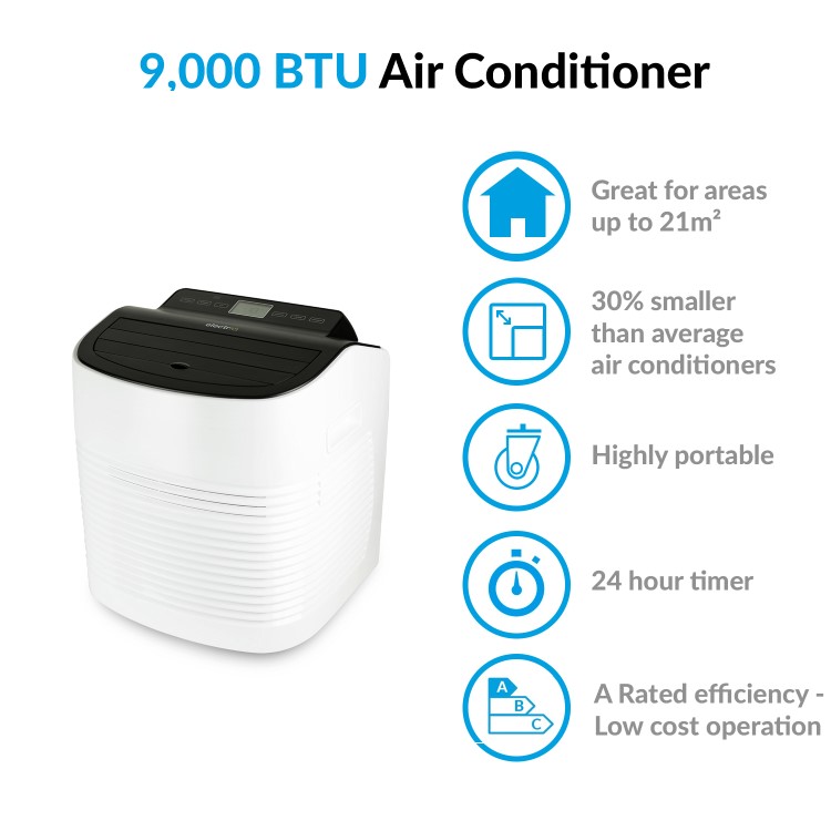 GRADE A3 - electriQ Compact 9000 BTU Small and Powerful Portable Air Conditioner for Rooms up to 21 sqm