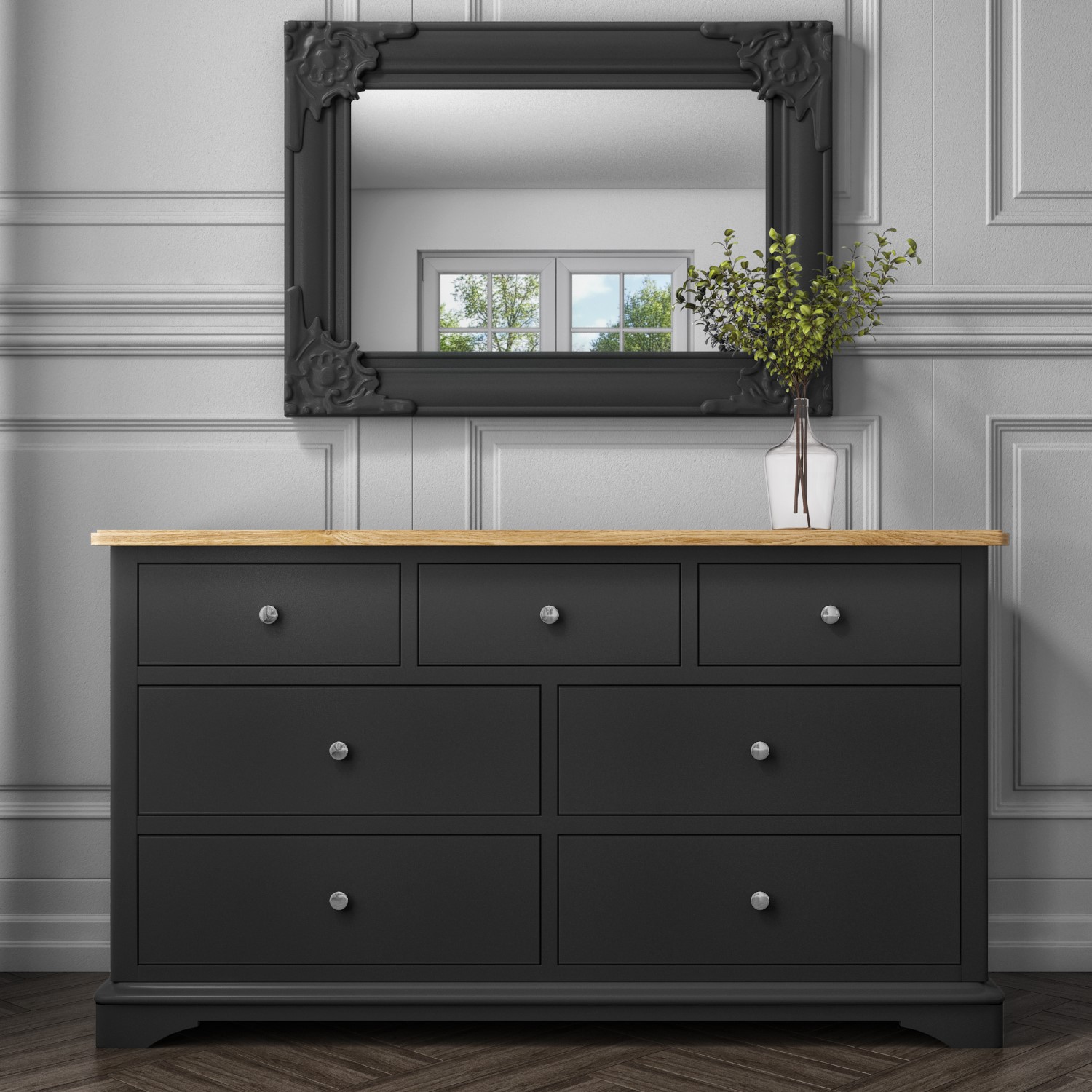 Details About Shabby Two Tone Wide Chest Of Drawers In Solid Oak And Grey Bedroom Furniture