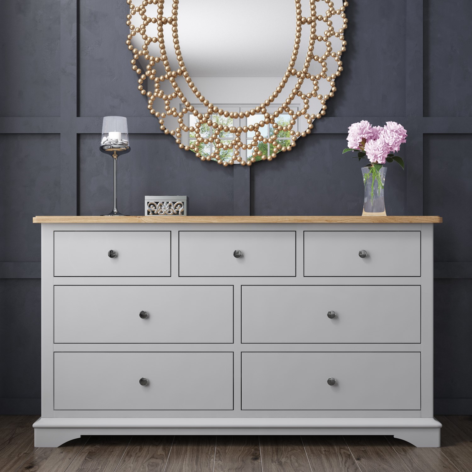 Details About Shabby Two Tone Wide Chest Of Drawers In Solid Oak And Grey Bedroom Furniture