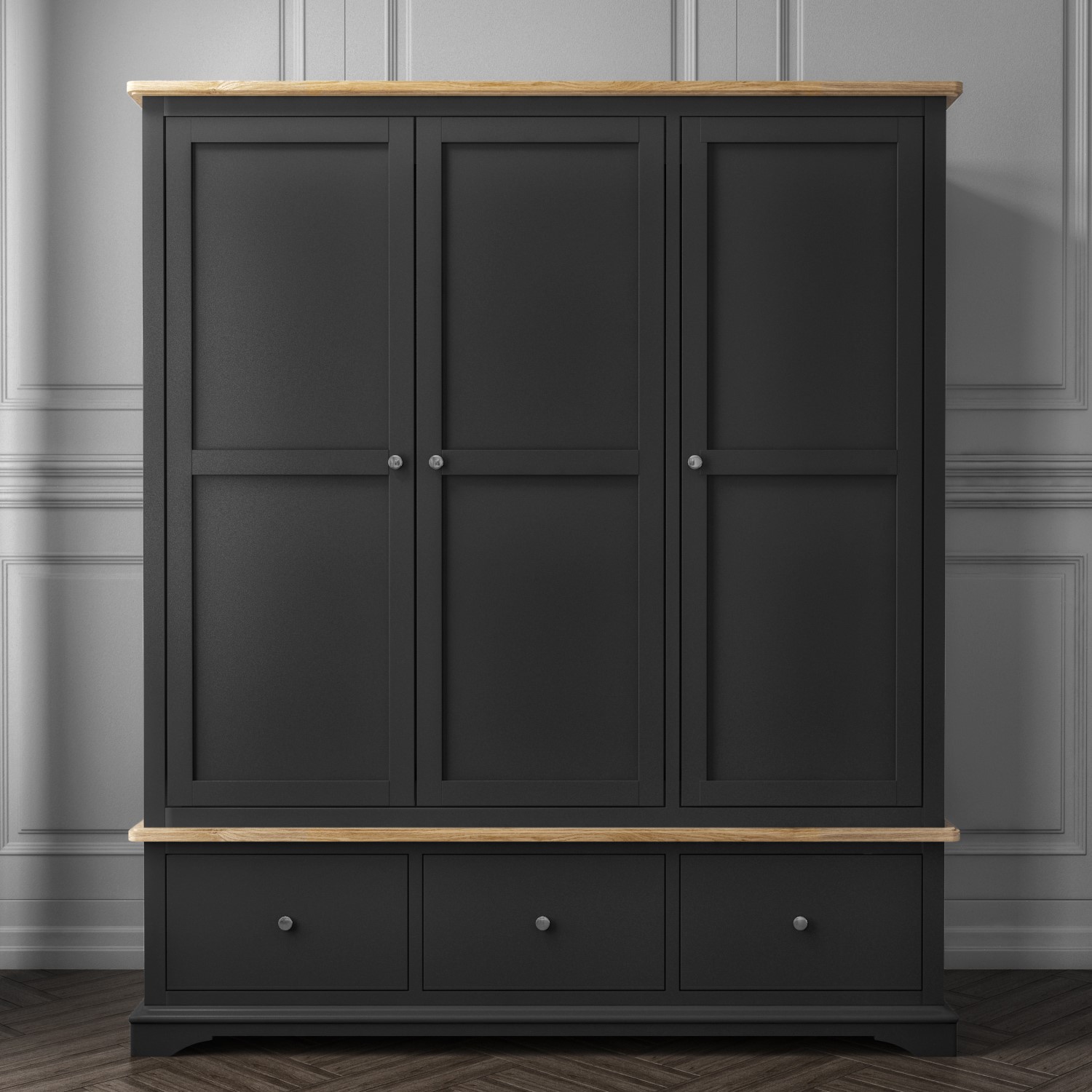 Brand New Modern Two Tone Triple 3 Door Wardrobe In Solid Oak And