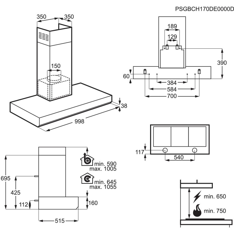 AEG DBB2160M 100cm Stainless Steel Box Wall Chimney Hood - Electronic Push Buttons - Halogen Lamps -