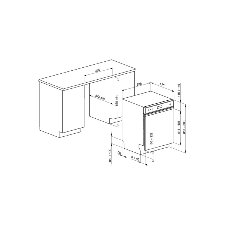 Smeg DD612 12 Place Semi Integrated Dishwasher - Stainless Steel Control Panel