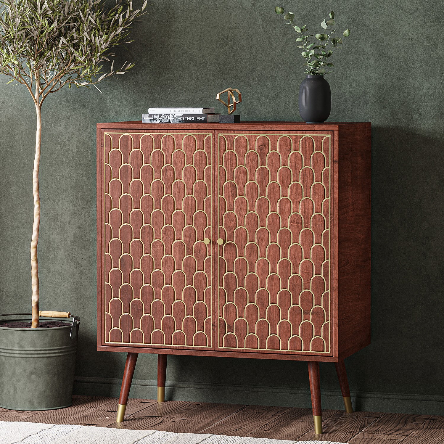 Small Sideboard with 2 Doors in Dark Wood with Gold Inlay Dejan