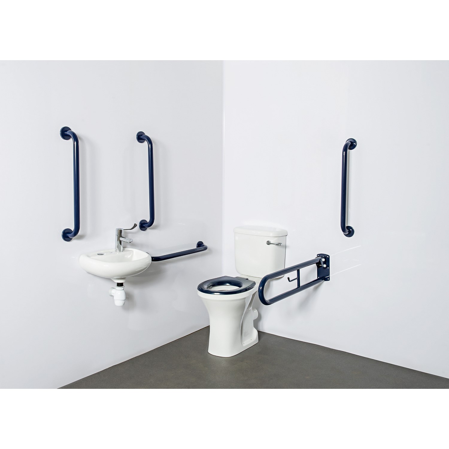 Close coupled Doc M toilet pack stainless steel concealed fixings dark blue