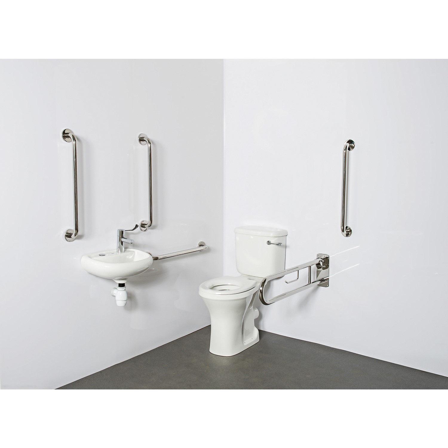 Close coupled Doc M toilet pack stainless steel concealed fixings polished
