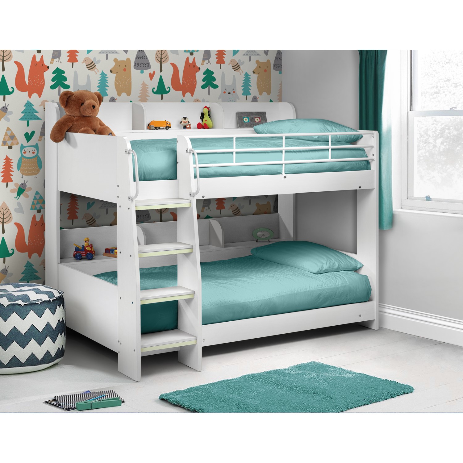 Kids 3ft Bunk Bed In White Wooden Bed Frame With Storage Shelves