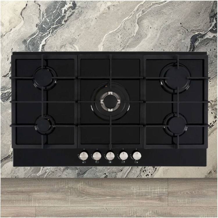 De Santii 90cm 5 Burner Gas on Glass Gas Hob - Black