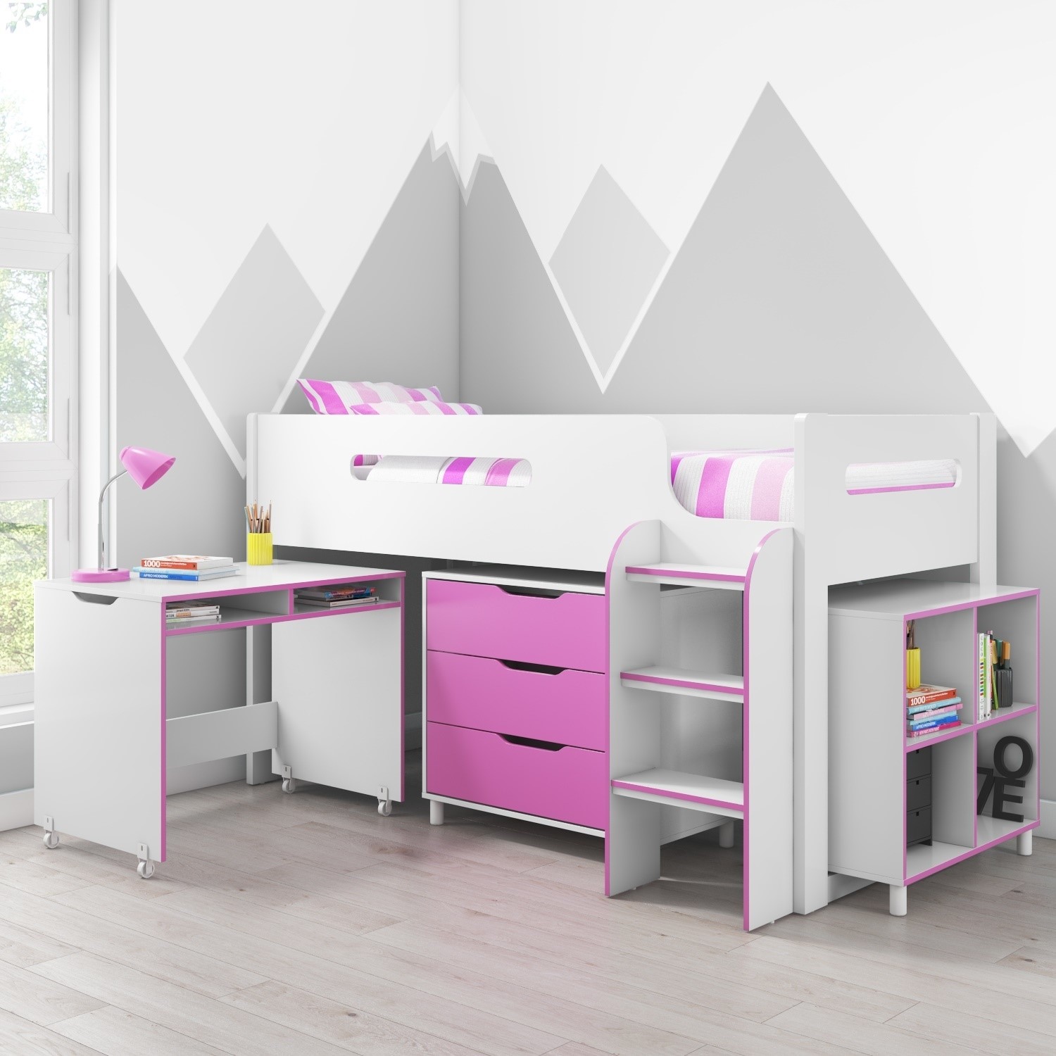 Pink Cabin Bed Midsleeper Mattress Options Storage With Desk
