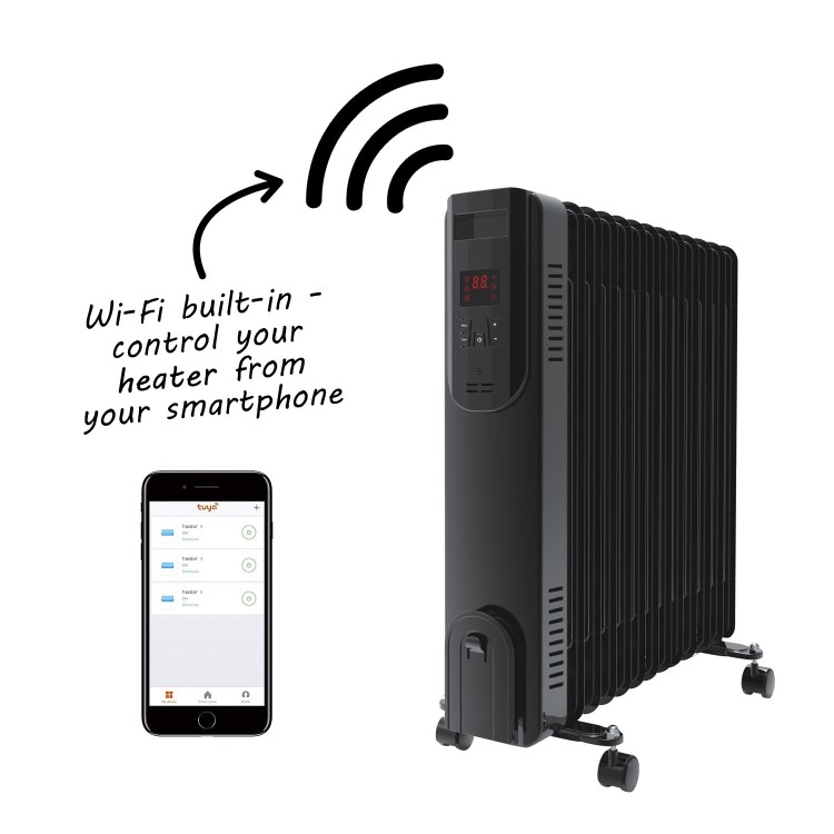 Refurbished electriQ 2.5kw Black Smart WiFi Alexa Oil Filled Radiator 11 Fin 24 hour and Weekly Timer with Thermostat and Remote Black