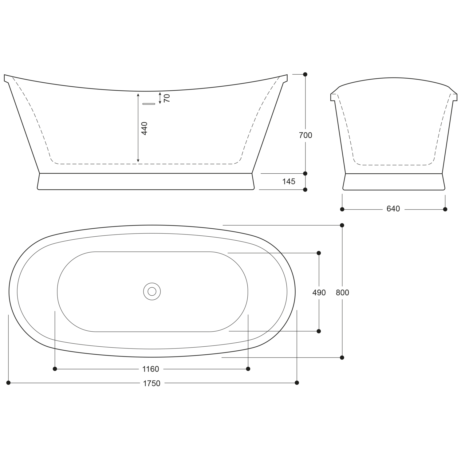 Metallic Freestanding Double Ended Slipper Bath 1750 x 800mm Elementa