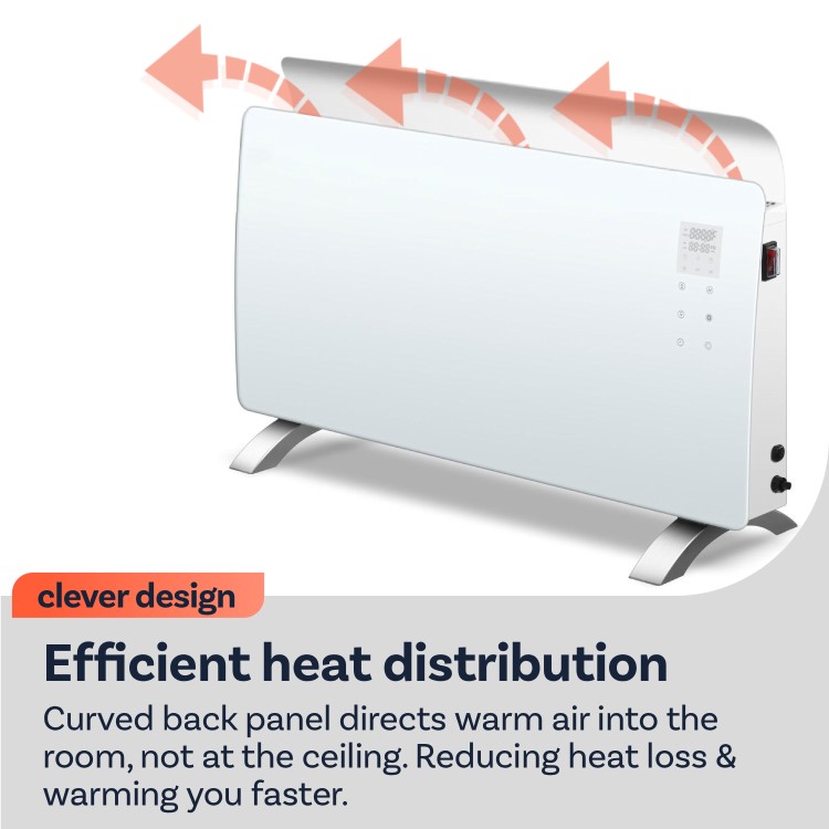 electriQ 2000W Smart Curved Designer Glass Panel Heater - Wall Mountable & Bathroom Safe - White