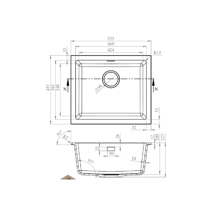 1 Bowl Cream Granite Composite Inset/Undermount Kitchen Sink & Waste Kit - 533 x 457mm - Eden