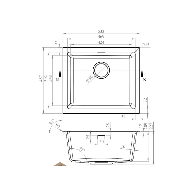 1 Bowl White Granite Composite Inset/Undermount Kitchen Sink & Waste Kit - 533 x 457mm - Eden