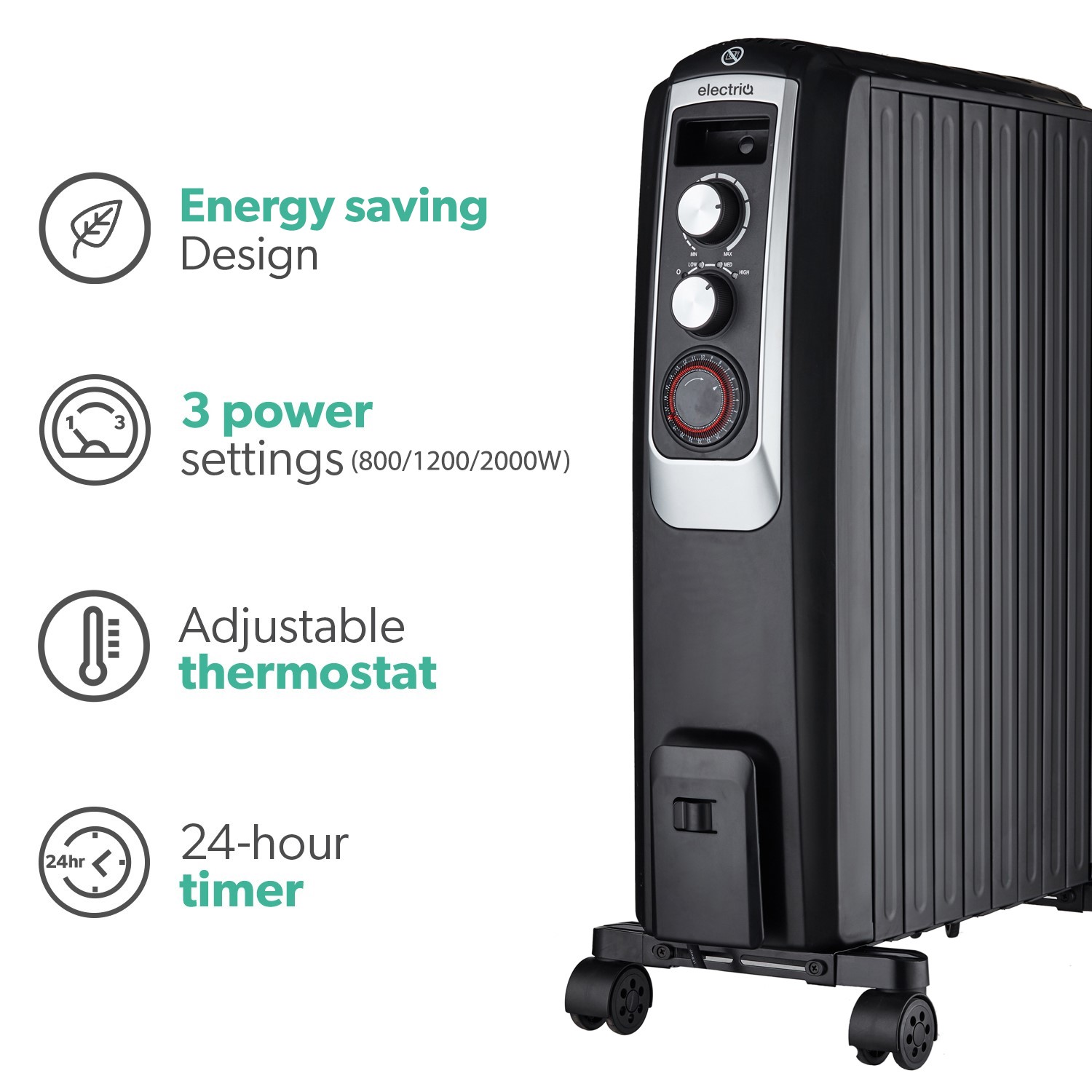 electriQ 2000W Oil Filled Radiator with Thermostat and 24 hr Timer ...