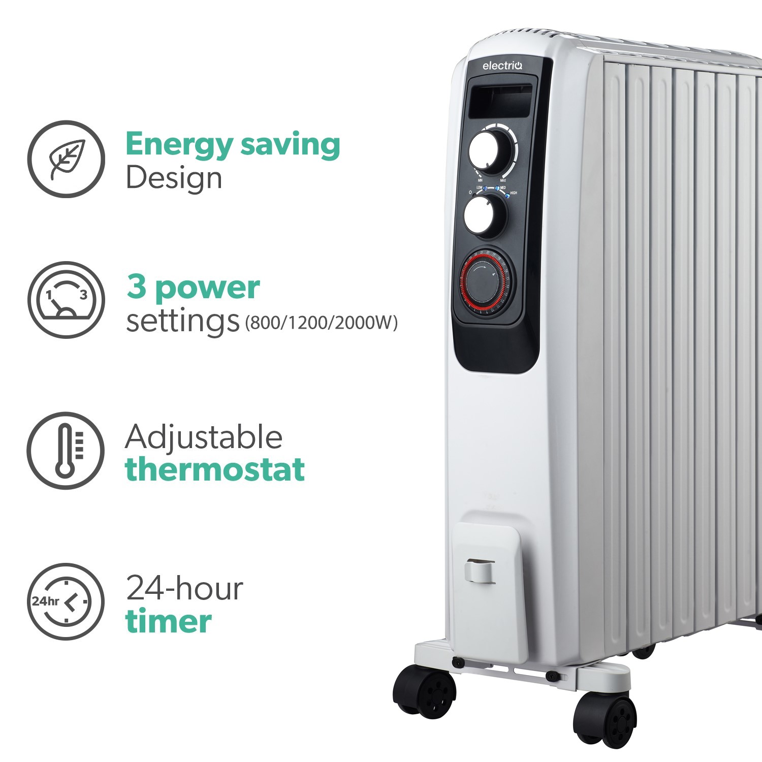 Tariq Radiator electriQ 2000W Oil Filled Radiator with Thermostat and 24 hr Timer ...