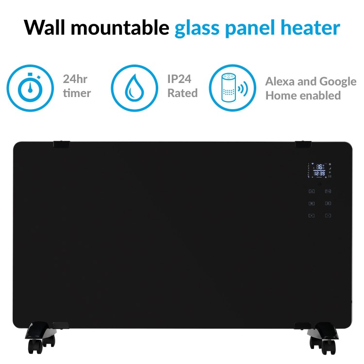 Refurbished electriQ 2000W Black Designer Glass Heater Wall Mountable Low Energy with Smart WiFi Alexa Ultra Slim only 8cm Bathroom Safe IP24