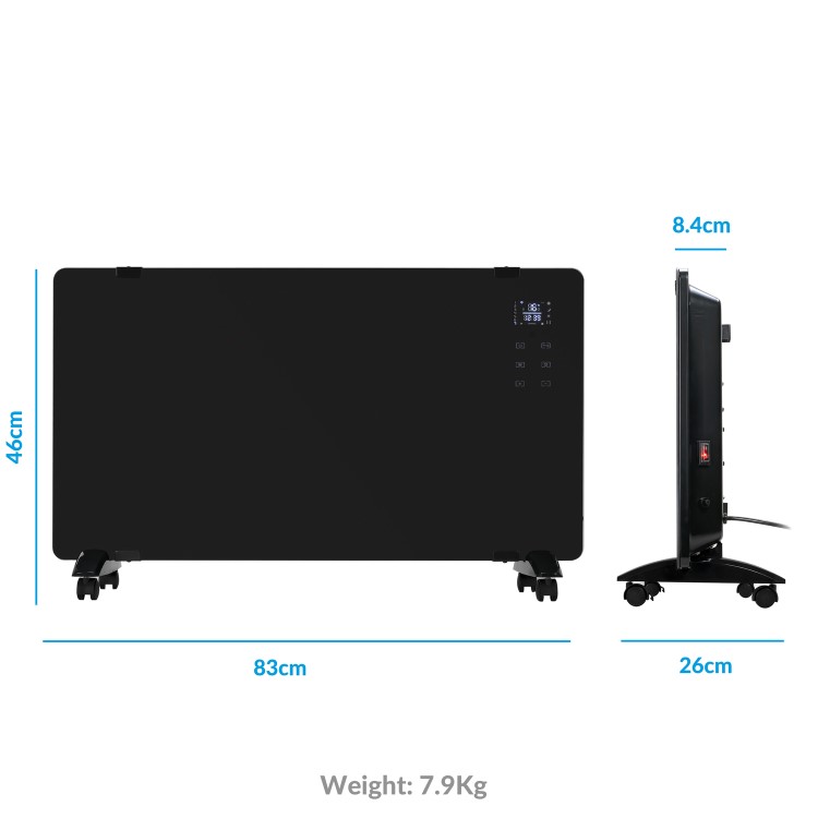Refurbished electriQ 2000W Black Designer Glass Heater Wall Mountable Low Energy with Smart WiFi Alexa Ultra Slim only 8cm Bathroom Safe IP24