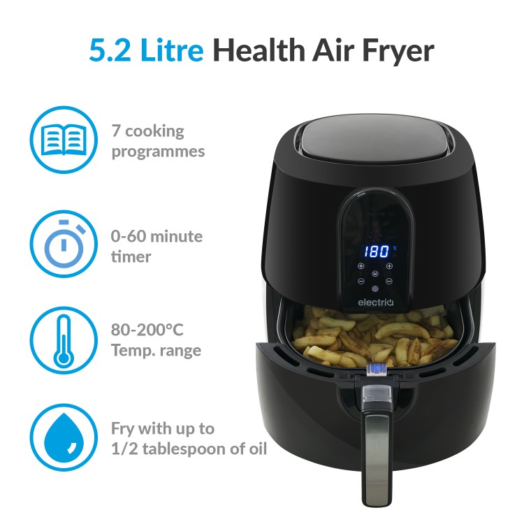 electriQ Digital Health Air Fryer XXL 5.2L 1800W with Digital Controls and Divider