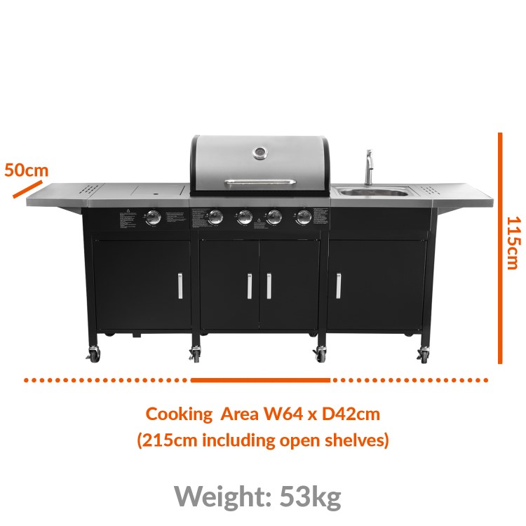 GRADE A2 - The Texas Outdoor Elite 4 Burner Gas BBQ Kitchen in Black