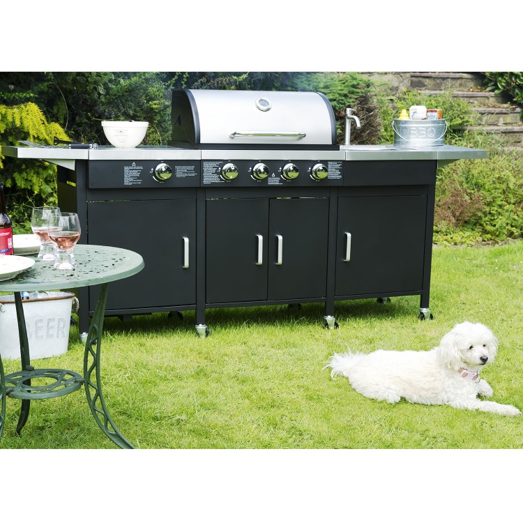 GRADE A2 - The Texas Outdoor Elite 4 Burner Gas BBQ Kitchen in Black
