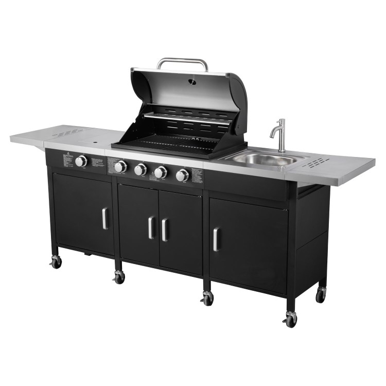 GRADE A2 - The Texas Outdoor Elite 4 Burner Gas BBQ Kitchen in Black