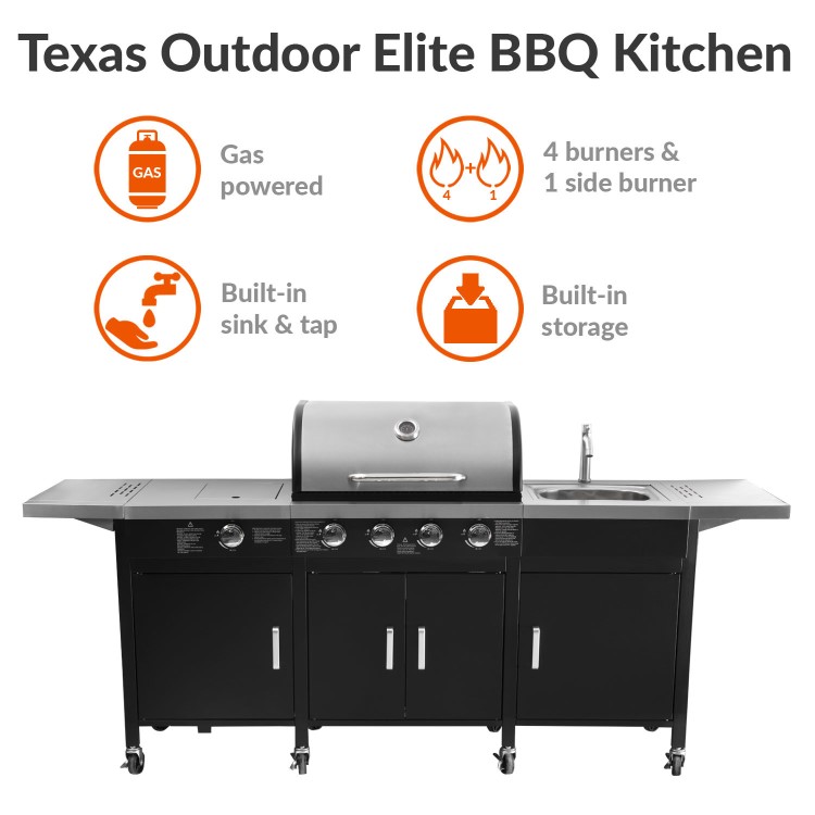 GRADE A2 - The Texas Outdoor Elite 4 Burner Gas BBQ Kitchen in Black