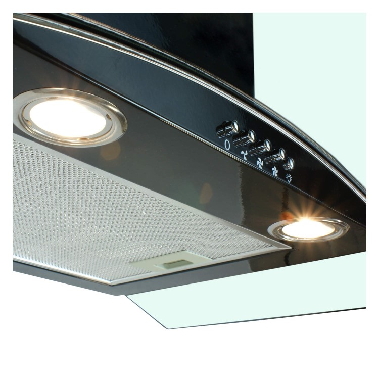 GRADE A1 - As new but box opened - ElectriQ eIQCHCGBB60 60cm Curved Black Glass Chimney Cooker Hood Satin Black