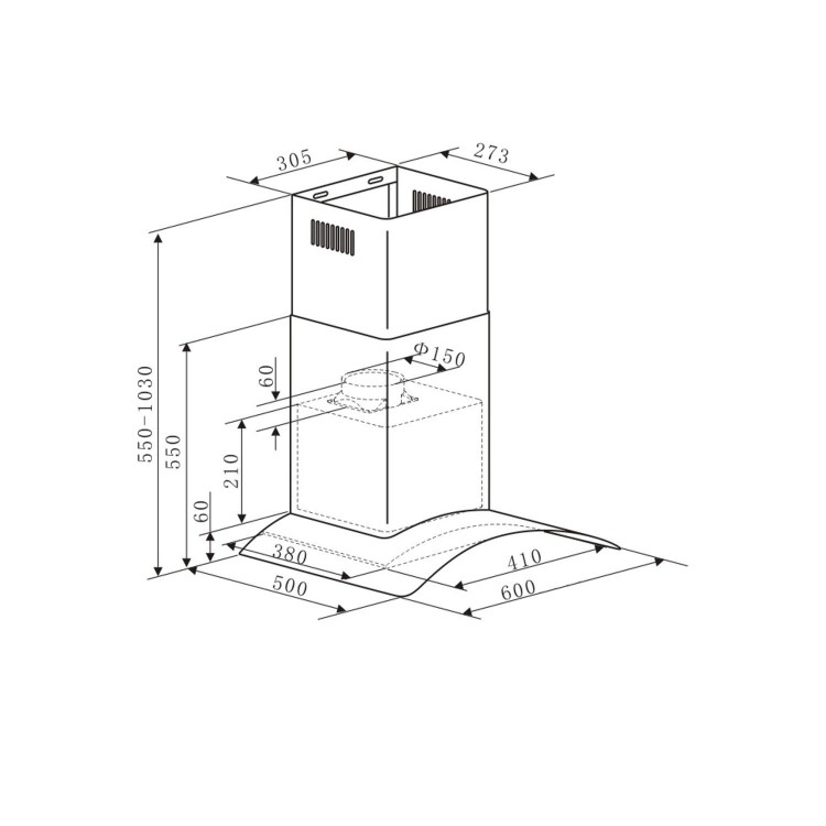electriQ  60cm Curved Clear Glass Chimney Cooker Hood Stainless Steel 