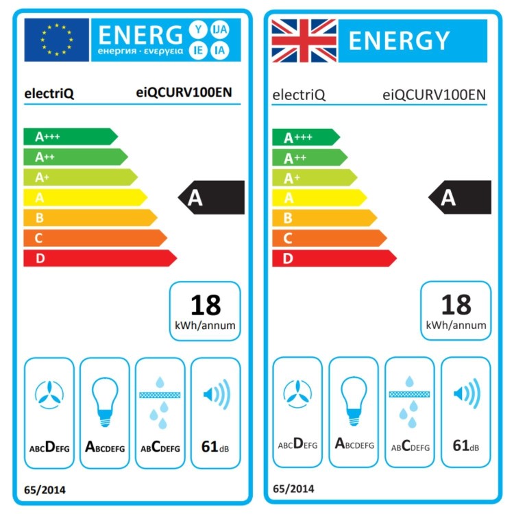 electriQ 100cm Curved Glass Chimney Cooker Hood - Stainless Steel