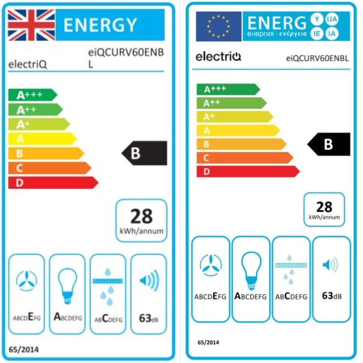 electriQ 60cm Curved Glass Cooker Hood - Black