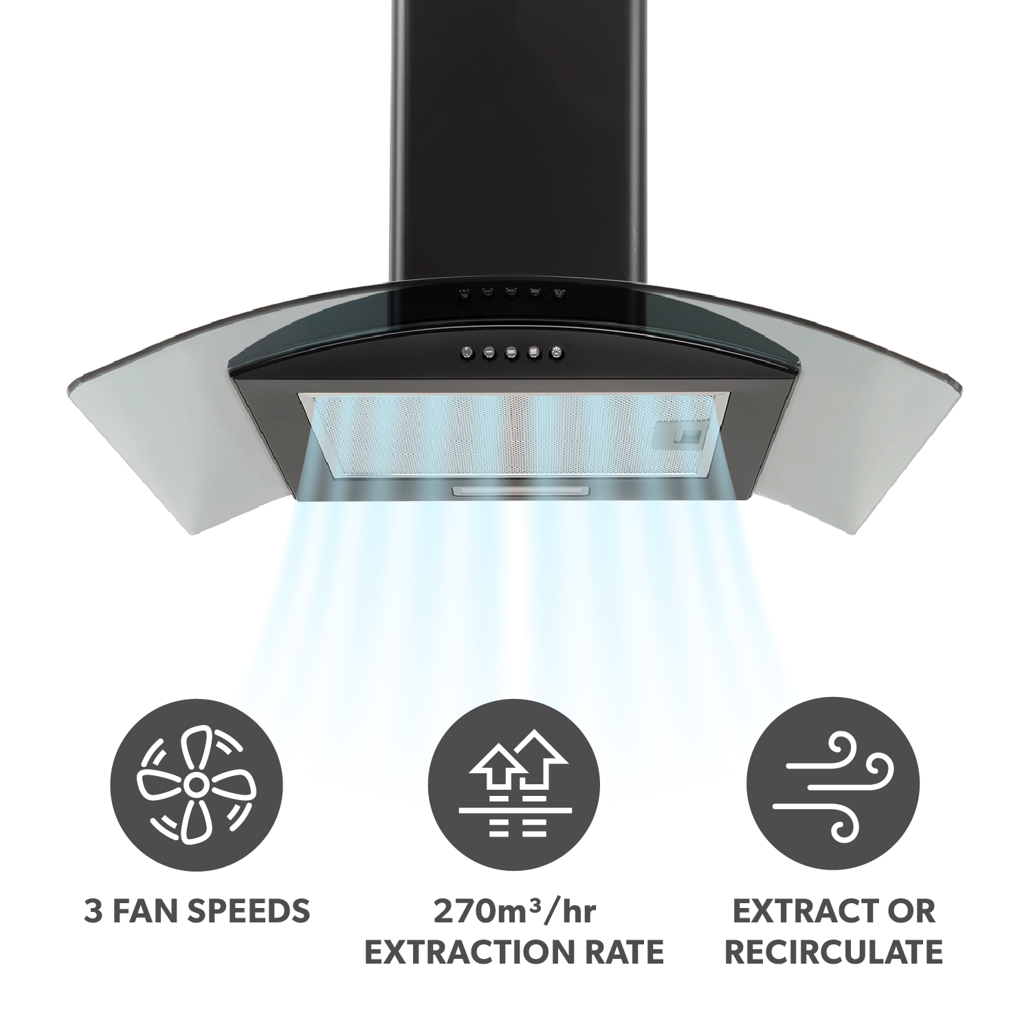 electriQ 60cm Curved Glass Cooker Hood Black EIQCURV60ENBL